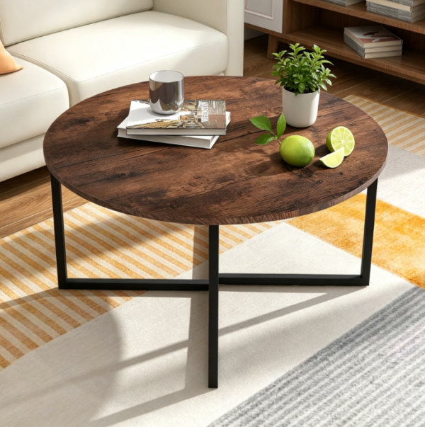 Round Coffee Table with Metal Legs, Black + Brown Oak – Ideal as a Tea Table, End Table or Sofa Table for the Living Room