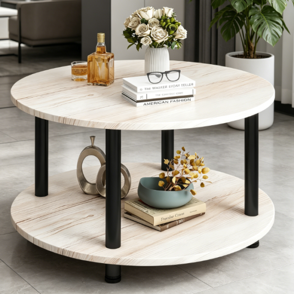 Round Coffee Table with 2 Shelves, Sturdy Metal Frame and MDF Top – 60 x 60 x 48 5 cm, Oak Black, for Living Room or Bedroom