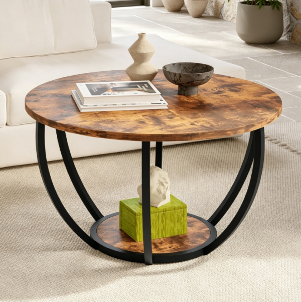 Round Coffee Table with Storage Space, 2 Tier Design – Brown Finish, Perfect as a Sofa Table for Living Room or Home Office