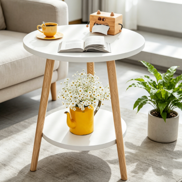 Round Side Table, 2 Tier End Table with White Top and Metal Frame – Modern Style, 38 x 55 cm, for Living Room or Bedroom