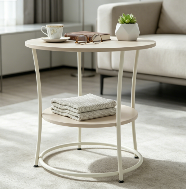 Round Side Table with 2 Shelves, Wood Effect and Metal Frame – 55 x 55 cm, Natural/Cream Colour, for Use as a Sofa Table