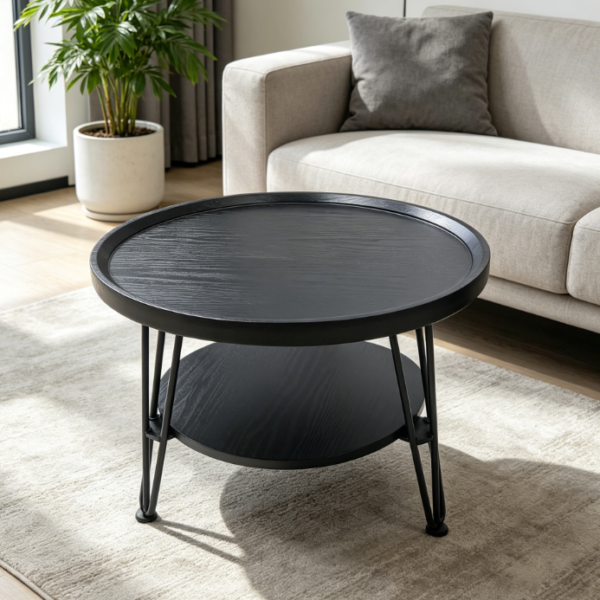 Round Coffee Table with 2 Levels – Wooden Side Table in Black, Large Tabletop 50 cm Diameter x 60 cm H, Small Top 40 cm Diameter