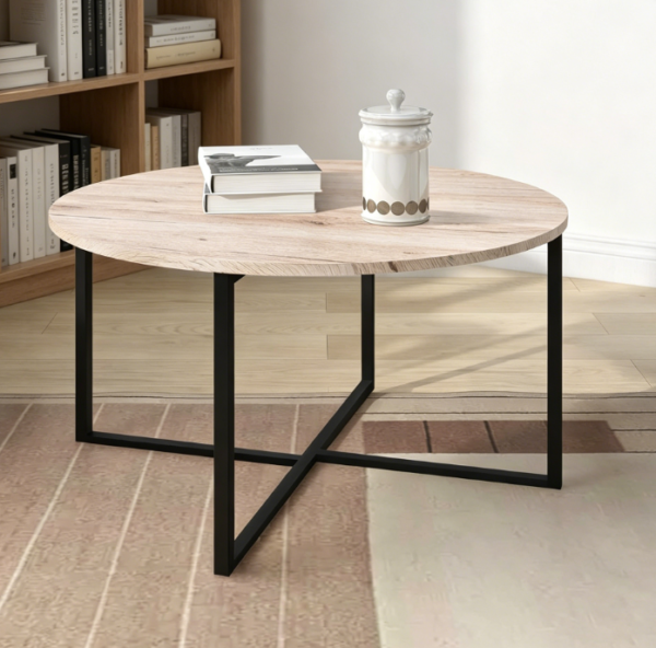 Round Coffee Table with Metal Legs – Black + White Oak, Suitable as a Tea Table for the Living Room