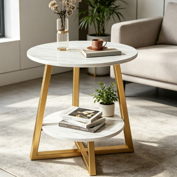 Round Coffee Table and Side Table in Wood with Metal Legs – White + Gold Frame, 32 5 x 30 x 58 cm, for Living Room Use
